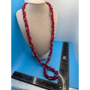 Magenta Pink Braided Seed Bead Necklace Silver Accent Twisted Rope Statement